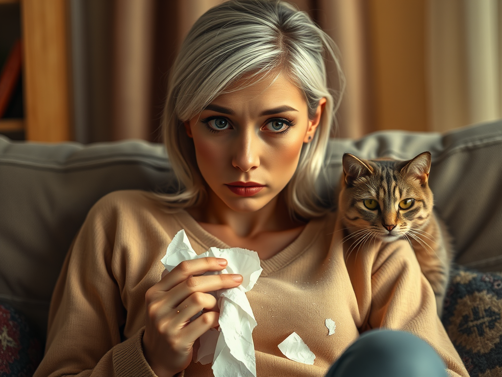 Create a realistic image of a white female adult with red, puffy eyes and a runny nose, sitting on a couch with a concerned expression, surrounded by tissues, cat hair on her clothes, and a cat in the background, with warm, soft lighting to emphasize the emotional mood.