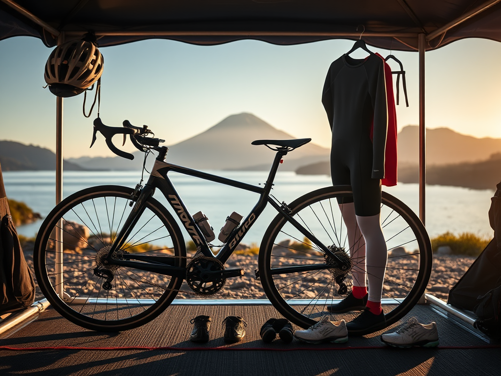 Create a realistic image of a triathlon transition area with high-end gear neatly arranged, including a carbon fiber triathlon bike, aerodynamic helmet, running shoes, and wetsuit. The backdrop shows a glimpse of Lake Villarrica and Villarrica volcano, iconic to Pucon. Soft morning light illuminates the scene, creating a sense of anticipation and readiness for the IRONMAN 70.3 challenge.