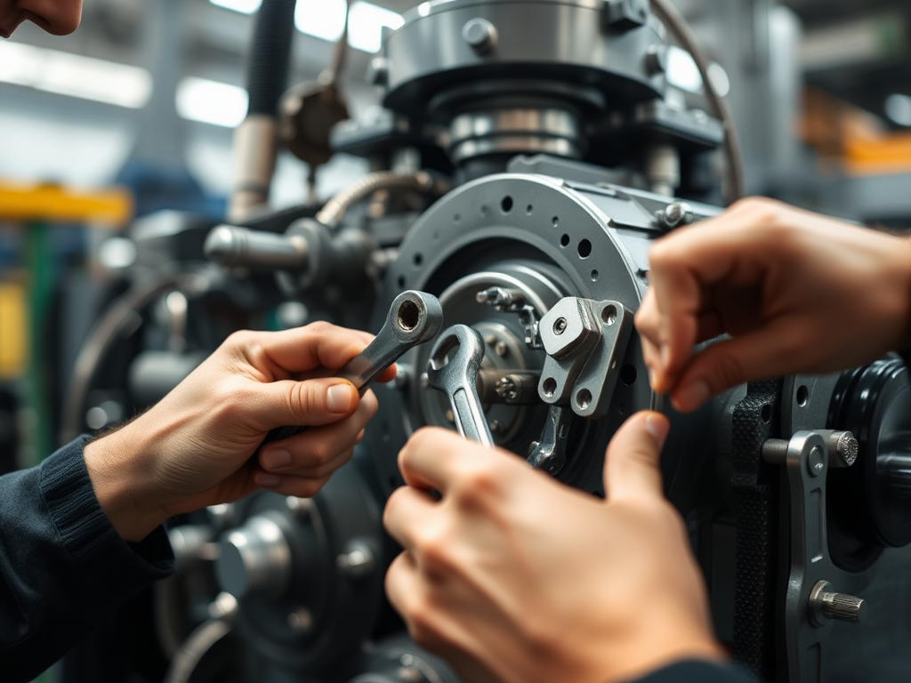 adjusting, people making small changes to a machine using tools such as a spanner 