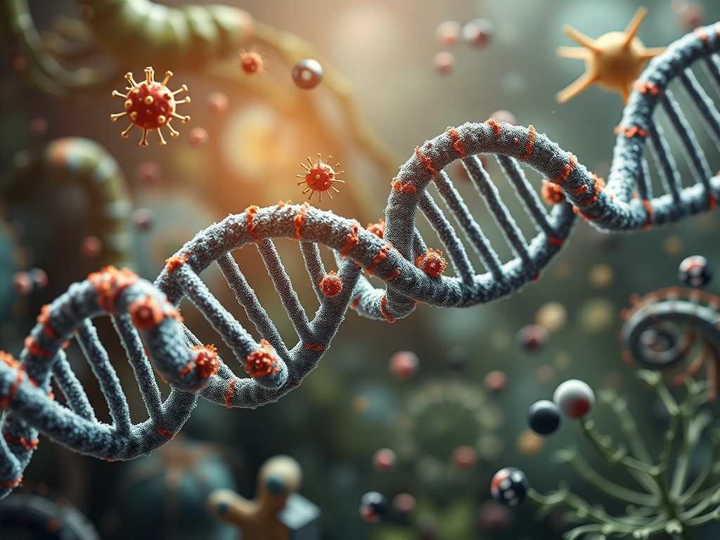 Create a realistic image of a DNA double helix with virus-like particles intertwined, influencing the structure and causing visible mutations, set against a backdrop of diverse organisms like plants, animals, and microbes, with subtle arrows or lines showing evolutionary connections, all bathed in a soft, natural light to emphasize the ongoing process of evolution.
