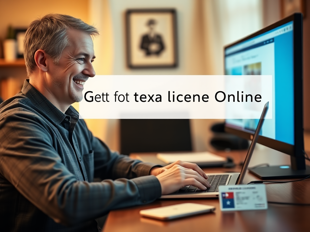 Create a realistic image of a smiling white male in his 30s sitting at a desk with a laptop, looking at the Texas Department of Public Safety website on the screen. A Texas driver's license is visible next to the laptop. The background shows a home office setting with warm lighting. Include the text "Get Your Texas License Online" in a banner across the top of the image.