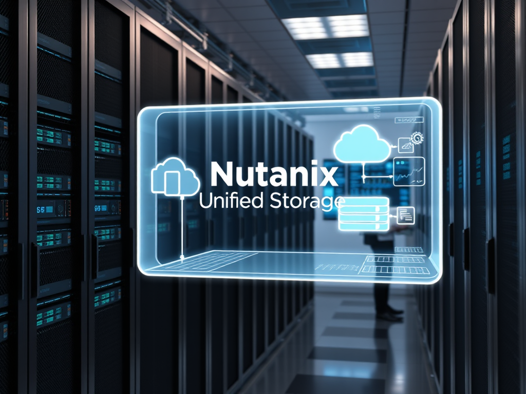 Create a realistic image of a modern data center with rows of sleek server racks, focusing on a centralized holographic display showing various storage types (block, file, object) converging into a single unified storage system. The display should have the text "Nutanix Unified Storage" prominently visible. The background should show IT professionals monitoring screens with performance graphs and analytics.