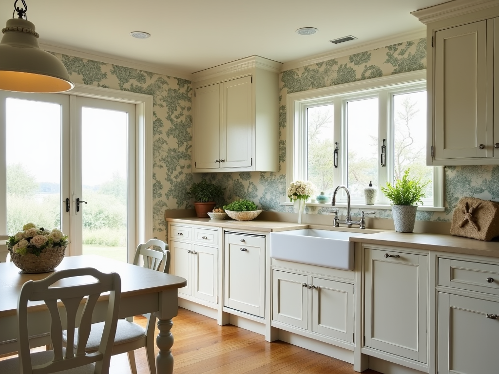 Charming French Provincial Kitchen with Coastal Toile Wallpaper