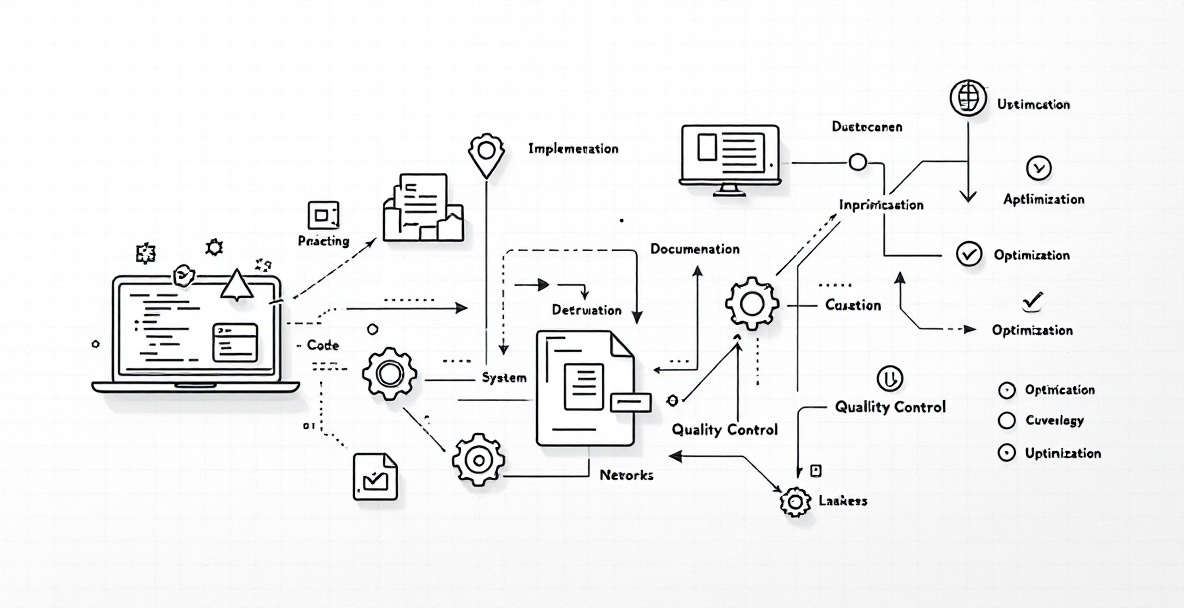 Minimalist flowchart showing implementation best practices with interconnected nodes, icons, and technical elements
