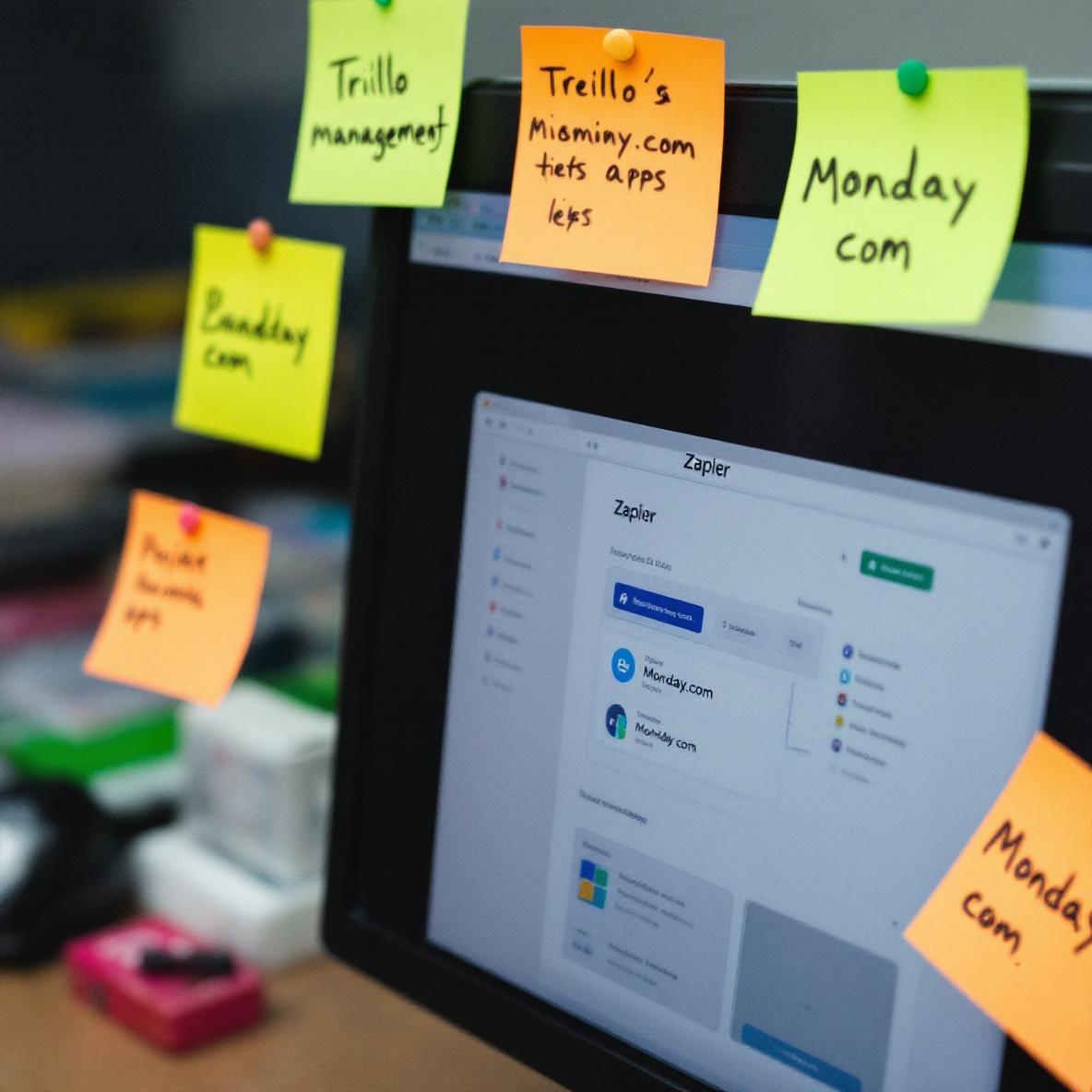 An image showing a detailed computer screen with a Zapier automation setup, highlighting how different applications like Trello and Monday.com are integrated, while a messy desk with sticky notes is in the background, illustrating the complexities of project management.