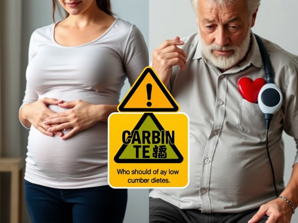 Create a realistic image of a split-screen showing two contrasting scenes: on the left, a pregnant woman touching her belly, and on the right, an elderly man with a heart monitor. Both subjects appear concerned. A "caution" sign with a carb-free symbol is overlaid on both scenes, emphasizing who should avoid low-carb diets.