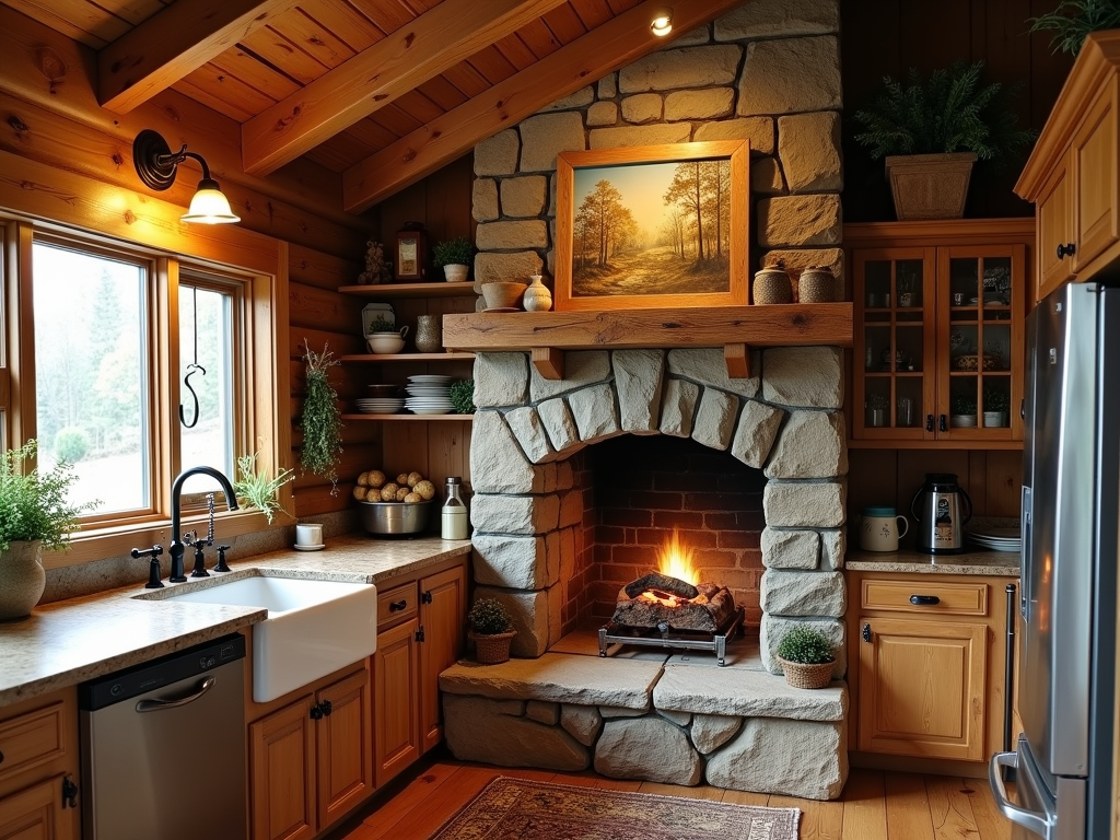 Budget-Friendly Rustic Cabin Kitchen Ideas with Stone Fireplace