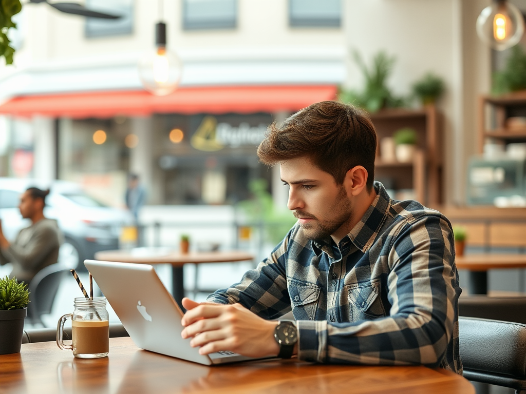 A young man sitting in a coffeeshop working on this next big business idea