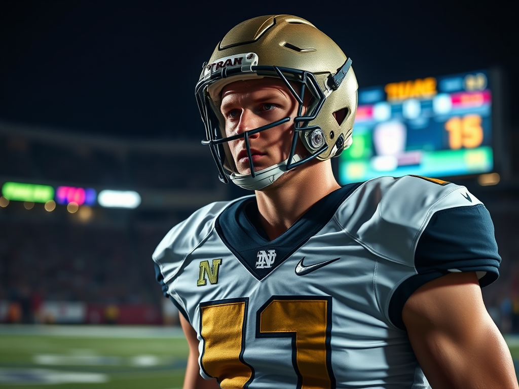 Create a realistic image of a determined white male college football player in a Notre Dame uniform, his face showing intense focus and sweat, standing on a football field with a scoreboard in the background displaying a close score, the stadium lights illuminating the scene, creating a mood of tension and mental fortitude.