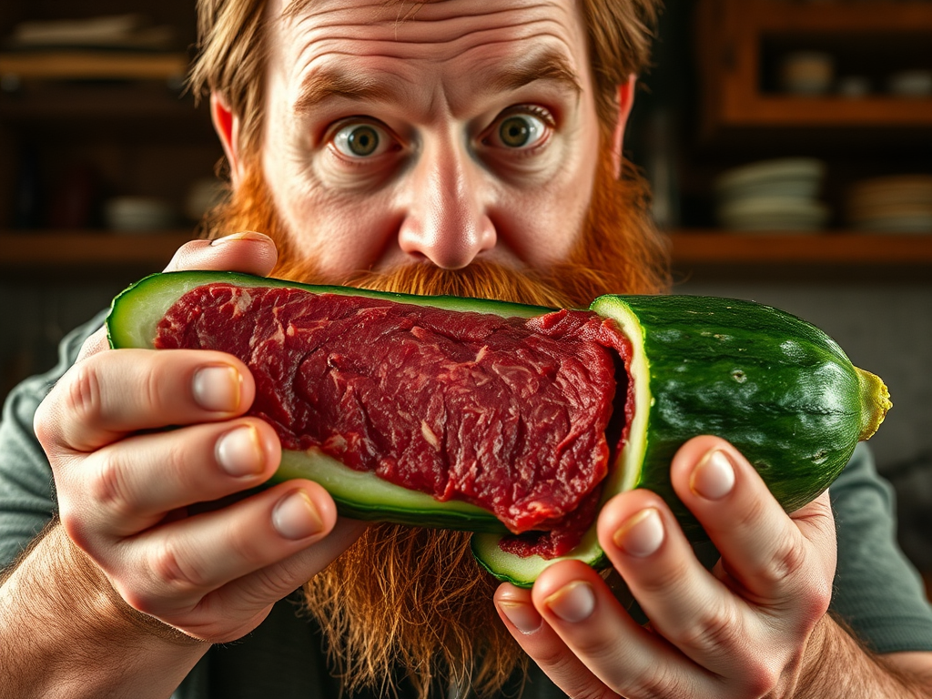 a cucumber is cut open but instead of finding vegetable content it looks like meat in the inside. A beardy man with slightly red hair holds this piece and will give it to another one.
