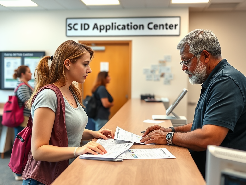 Create a realistic image of a Department of Motor Vehicles office interior with a counter, where a young white female employee is assisting a middle-aged black male applicant with SC ID documents spread on the counter. Include a sign above reading "SC ID Application Center" and show other people waiting in line in the background.