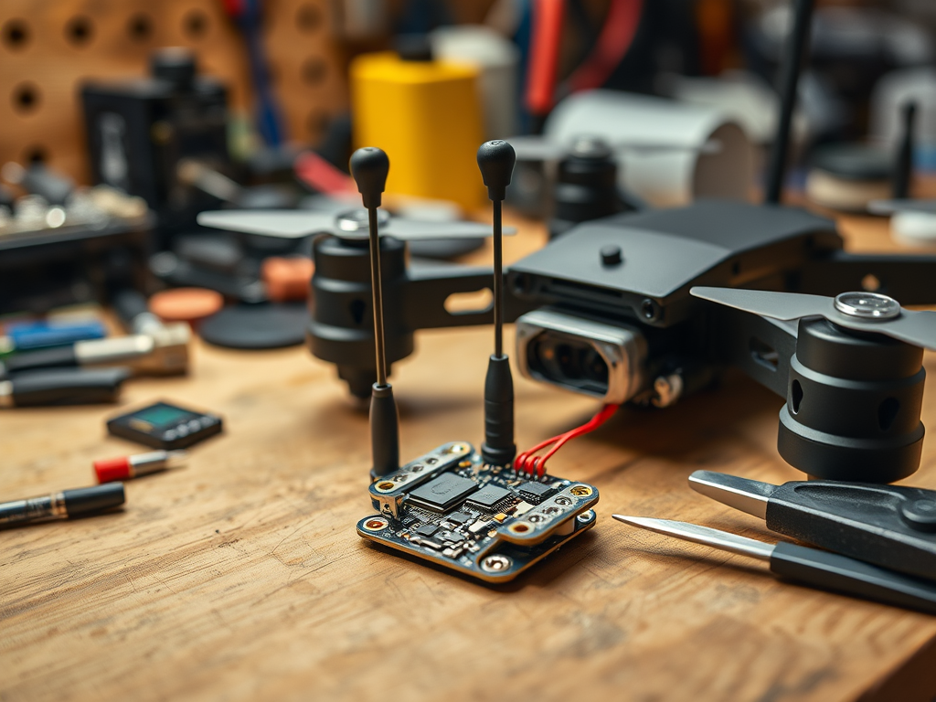 Create a realistic image of a small GPS module with a miniature antenna, sitting on a workbench next to a partially assembled drone frame, with various electronic components and tools scattered around, under bright task lighting, conveying a sense of precision and technology in a DIY workshop setting.