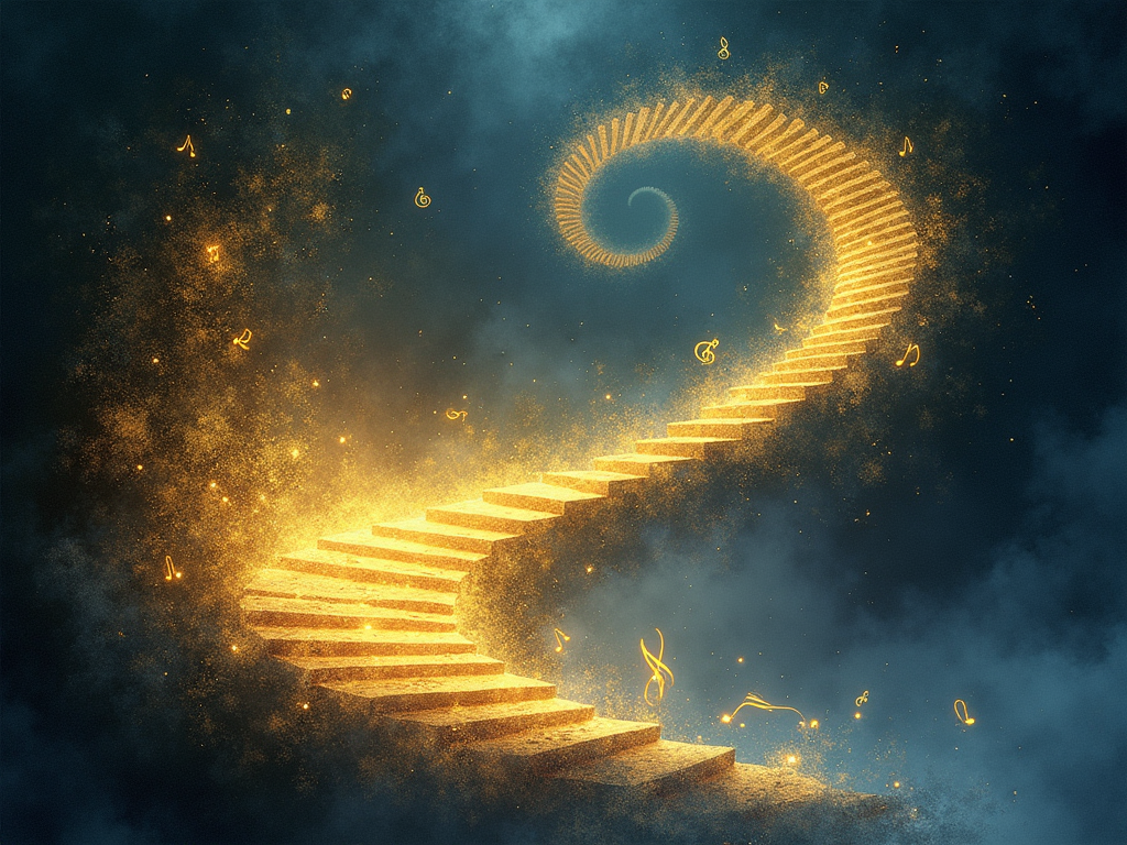 Imagine a visually striking and thematically rich cover image for the paper titled 'Harmonic Patterns and Fibonacci: Exploring the Mathematical Beauty in Music'. The scene is set in an abstract, ethereal landscape that visualizes the convergence of music and mathematics. In the center, a large, intricate golden spiral stretches across the canvas, symbolizing the Fibonacci sequence, with its curves gently mimicking the swirl of a musical clef. Intertwined within this spiral are delicate, translucent musical notes and symbols, glowing softly against a deep, celestial blue background that fades into black towards the edges. This backdrop is dotted with small, star-like points representing the overtones in a harmonic series. The overall mood is mystical and contemplative, illuminated by a soft, golden light that enhances the golden ratio elements and casts subtle shadows, suggesting depth and dimension. The artistic style is a blend of digital art and watercolor textures, creating a fluid, dynamic feel. The color palette consists primarily of golden yellows, celestial blues, and deep blacks, aiming to evoke a sense of wonder and the sublime connection between music's beauty and mathematical theory.
