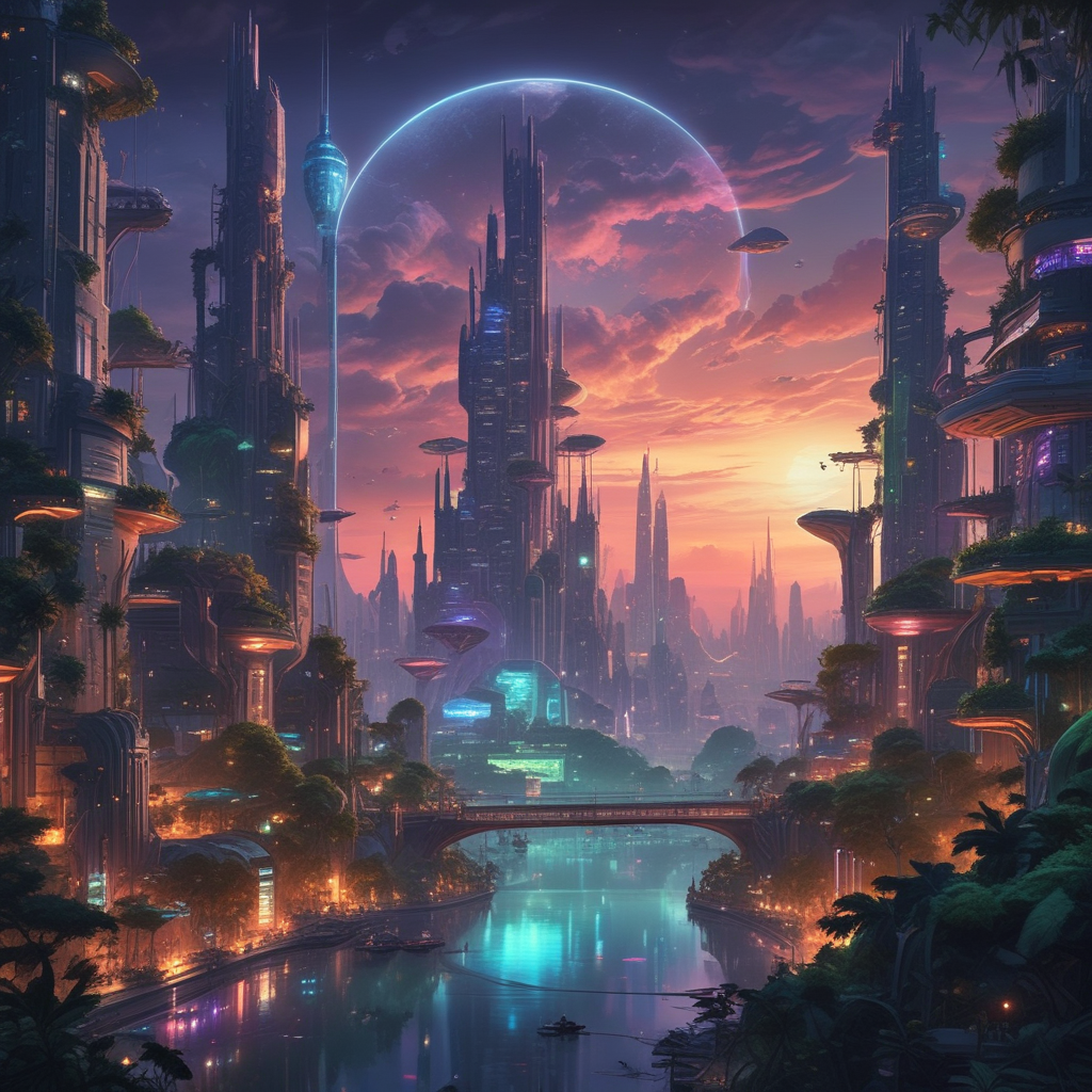 A sprawling city skyline with towering bio-technium structures pulsating with neon lights, surrounded by dense jungles and floating islands.