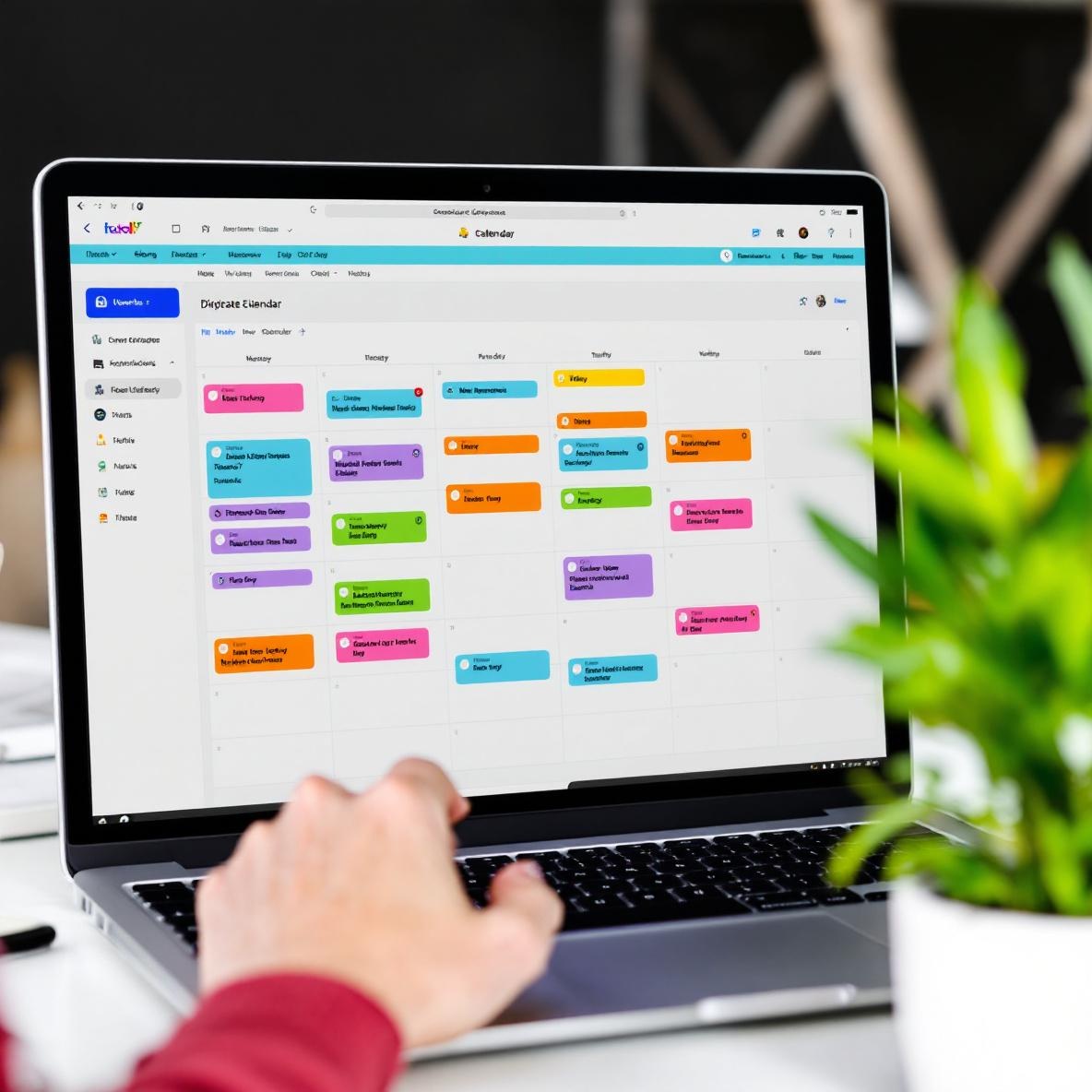 A digital calendar interface on a laptop screen showing a well-organized schedule with bright colors, placed on a clean desk next to a coffee mug and a potted plant in a well-lit room.