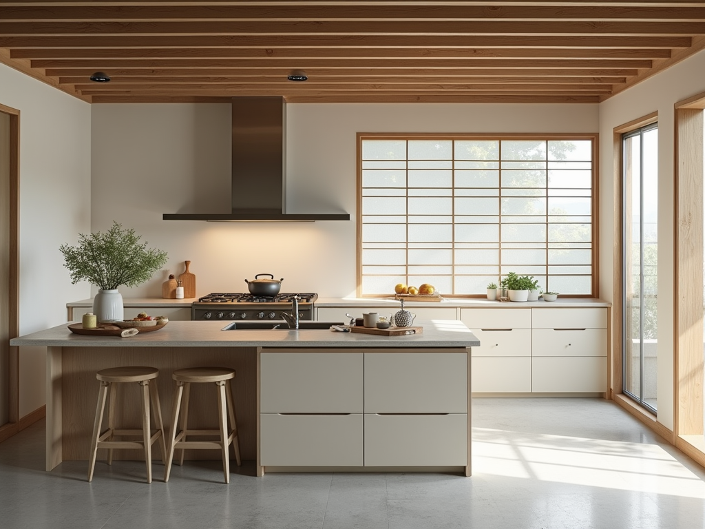 Elegant Japanese Minimalist Kitchen with Shoji Screens