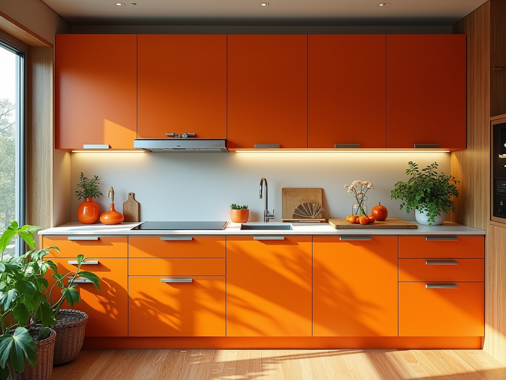 Stylish Mid-Century Modern Kitchen with Orange Accents