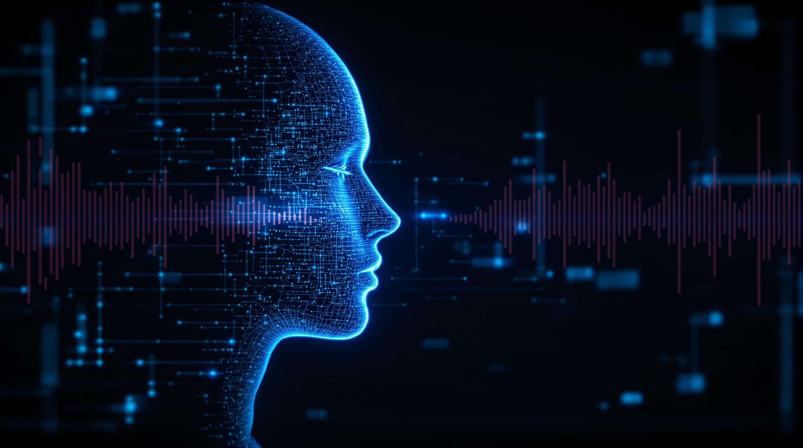 Futuristic visualization of AI analyzing and reconstructing a human voice, digital sound waves transforming into a human profile, neural network elements, sleek and modern style, clean background, professional look, 16:9 aspect ratio