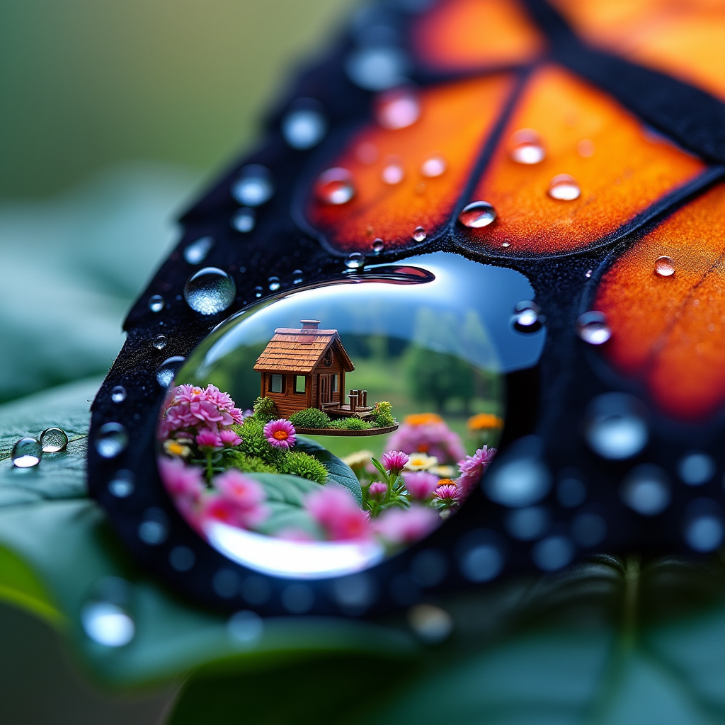 A hyperrealistic close-up of a dewdrop on a vibrant butterfly wing, reflecting a miniature garden scene