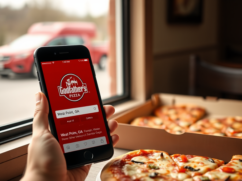 Create a realistic image of a smartphone displaying a Godfather's Pizza online ordering app, with a delivery car visible through a window in the background, a pizza box on a table next to the phone, and a "West Point, GA" address visible on the app screen.