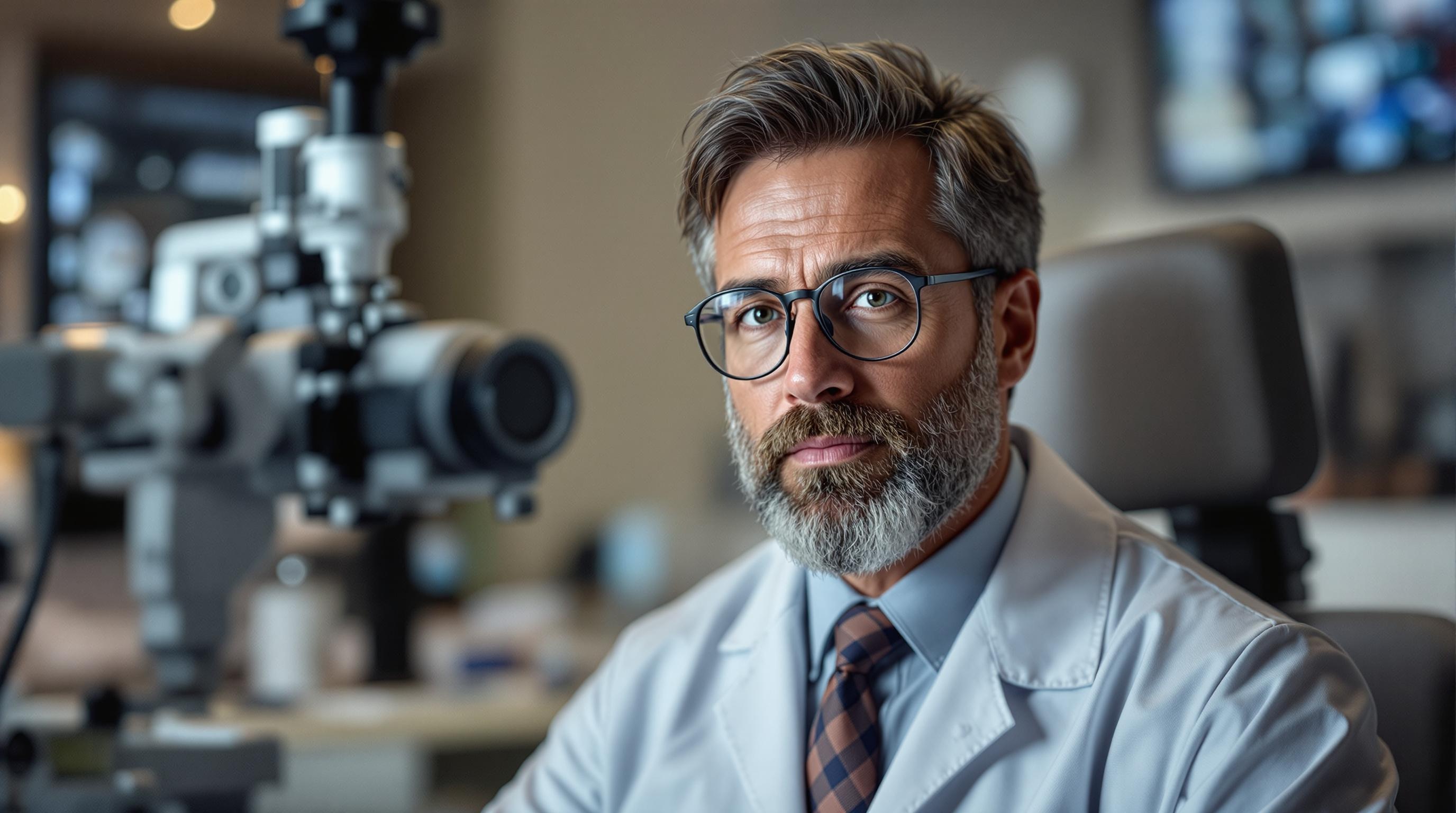 Professional Optometrist at Work A realistic photo of an optometrist conducting an eye examination in a well-lit office setting.