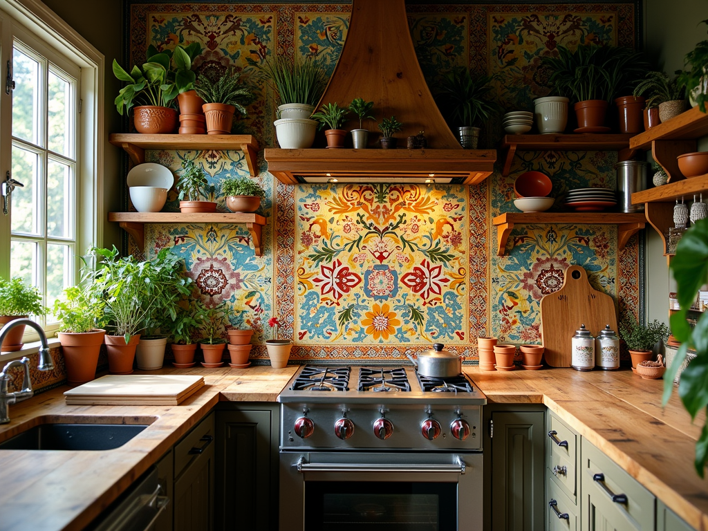 Charming Bohemian Kitchen Inspiration with Colorful Tile Backsplash