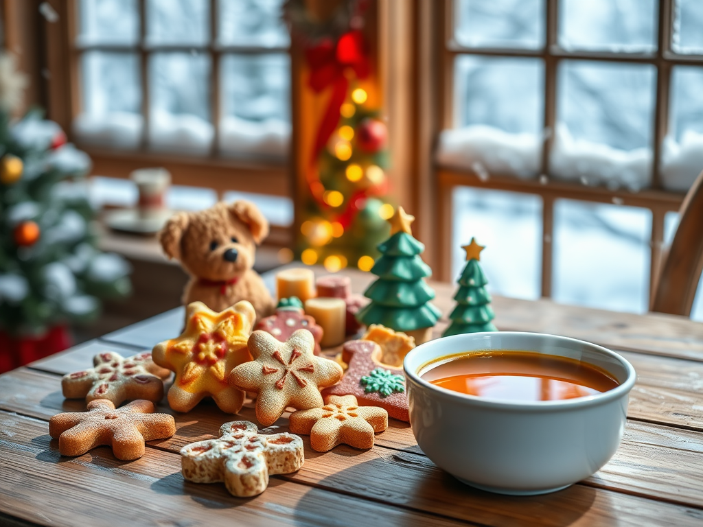 Create a realistic image of a variety of colorful, festive pet treats arranged on a wooden table with snow-covered windows in the background, featuring dog biscuits shaped like snowflakes, cat treats resembling miniature Christmas trees, and a bowl of warm pet-safe broth steaming in the cozy indoor lighting.