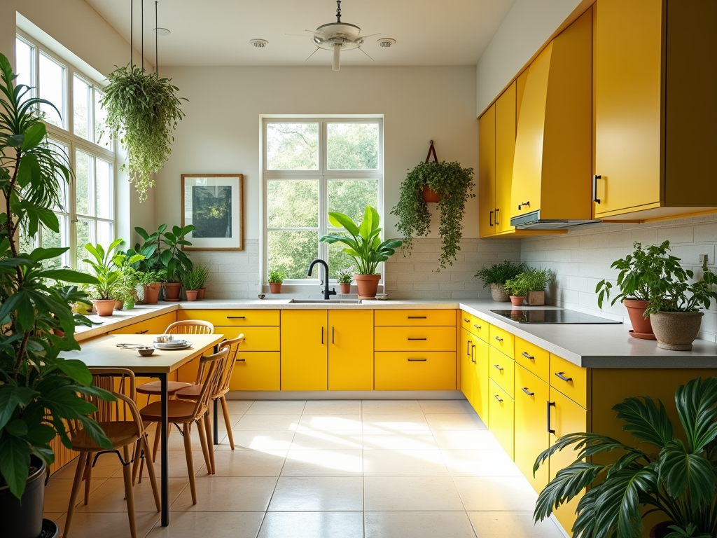 Luxe Bright Kitchen Ideas with Yellow Accents and Lush Greenery