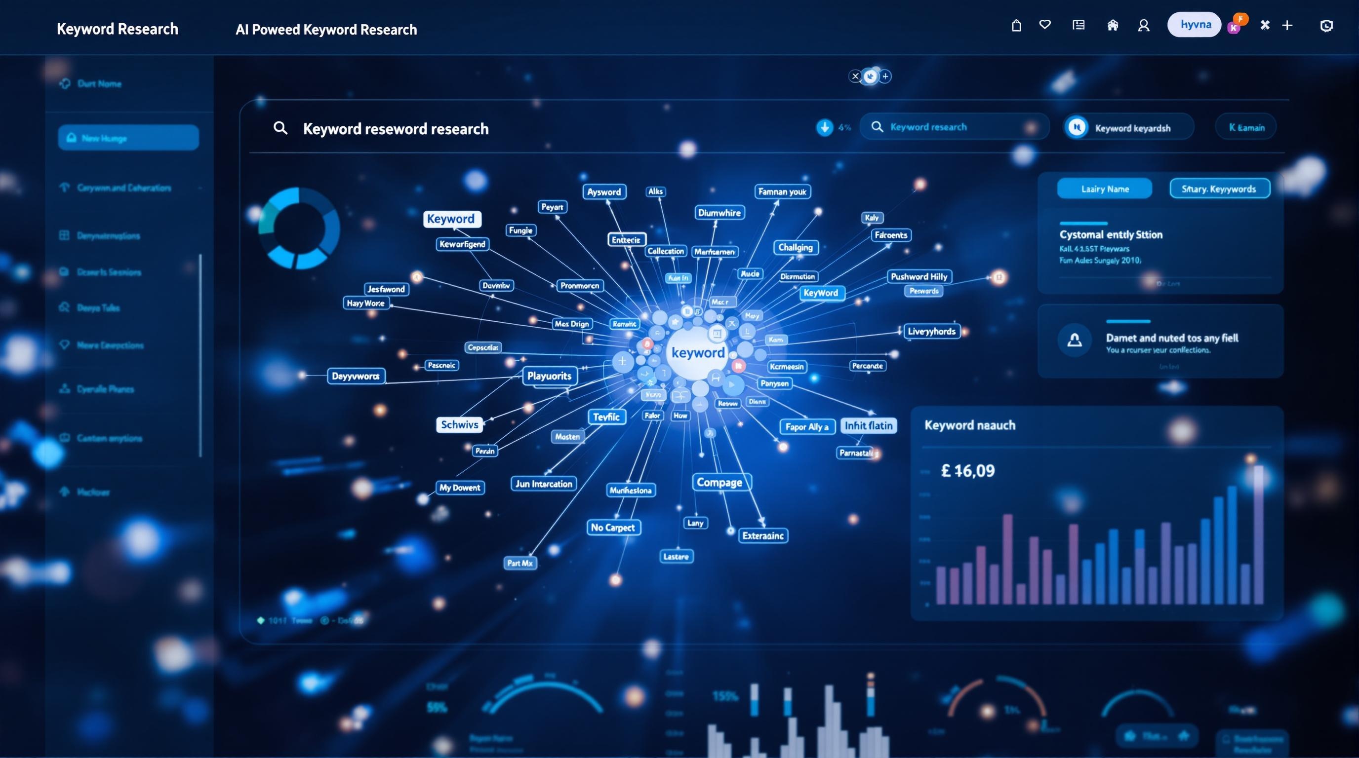 Conceptual visualization of a central content pillar surrounded by interconnected topic clusters, network lines linking related articles, futuristic digital workspace, minimalist and professional look