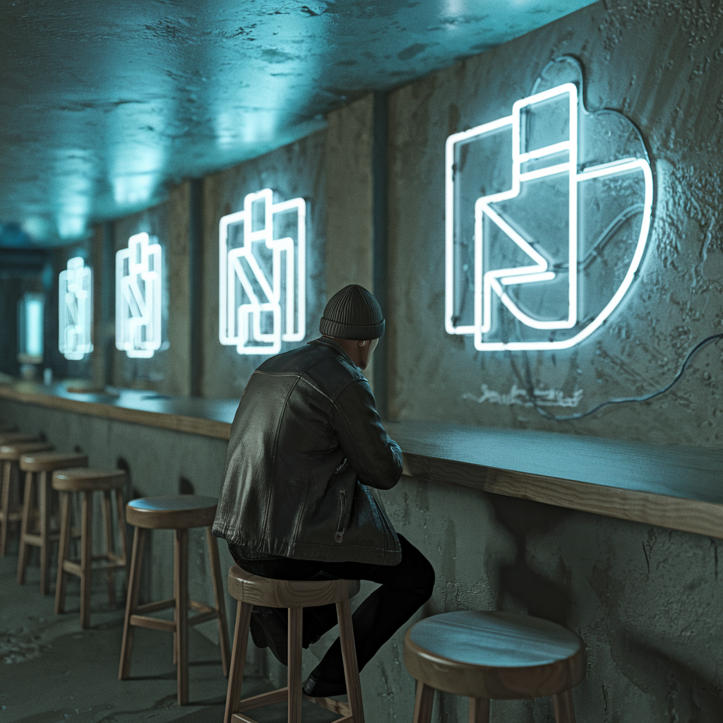 A solo figure sits on a wooden stool in a dimly lit virtual reality dive bar with textured concrete walls and neon art by Nick Knight.