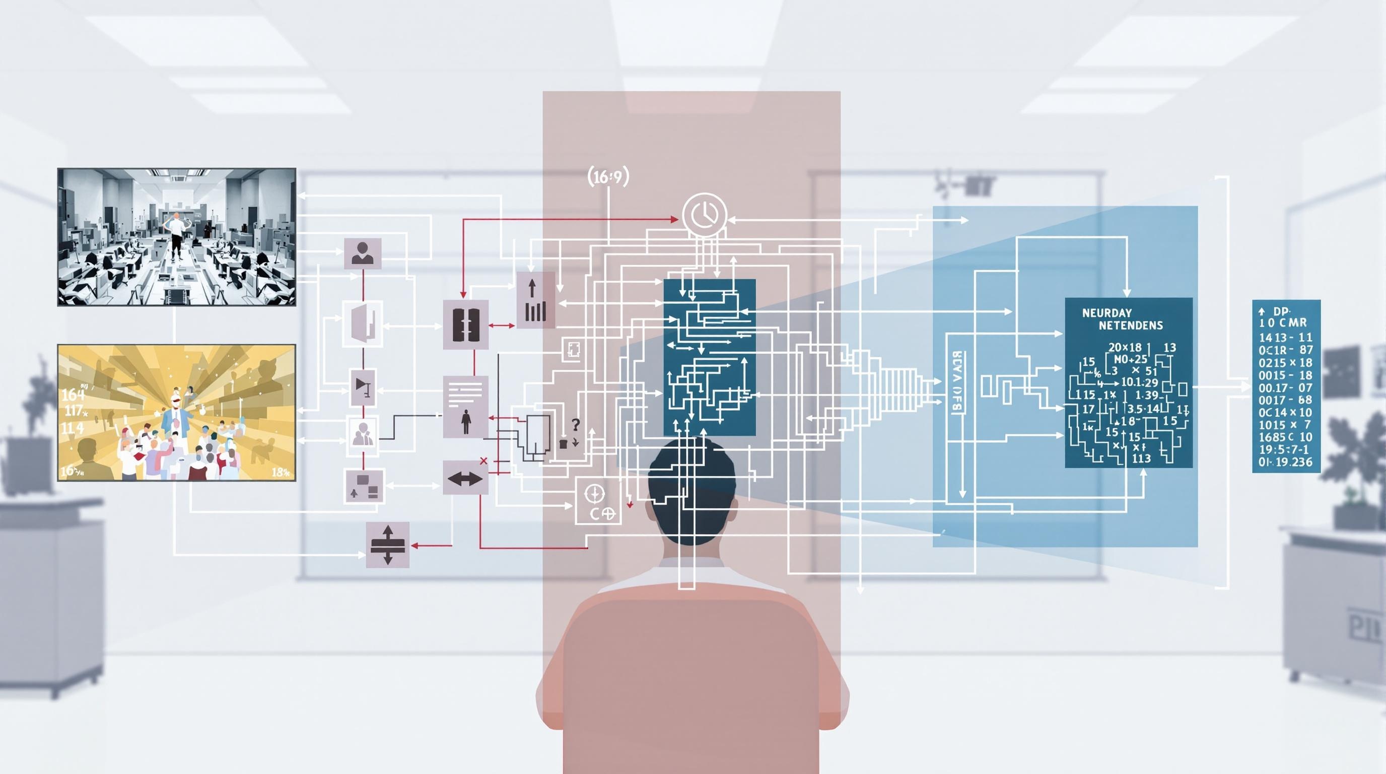 Conceptual illustration of neural networks analyzing and reconstructing low-resolution video frames into high-definition, with visible data flow and pattern recognition, modern digital lab environment, clean and professional style, 16:9 aspect ratio