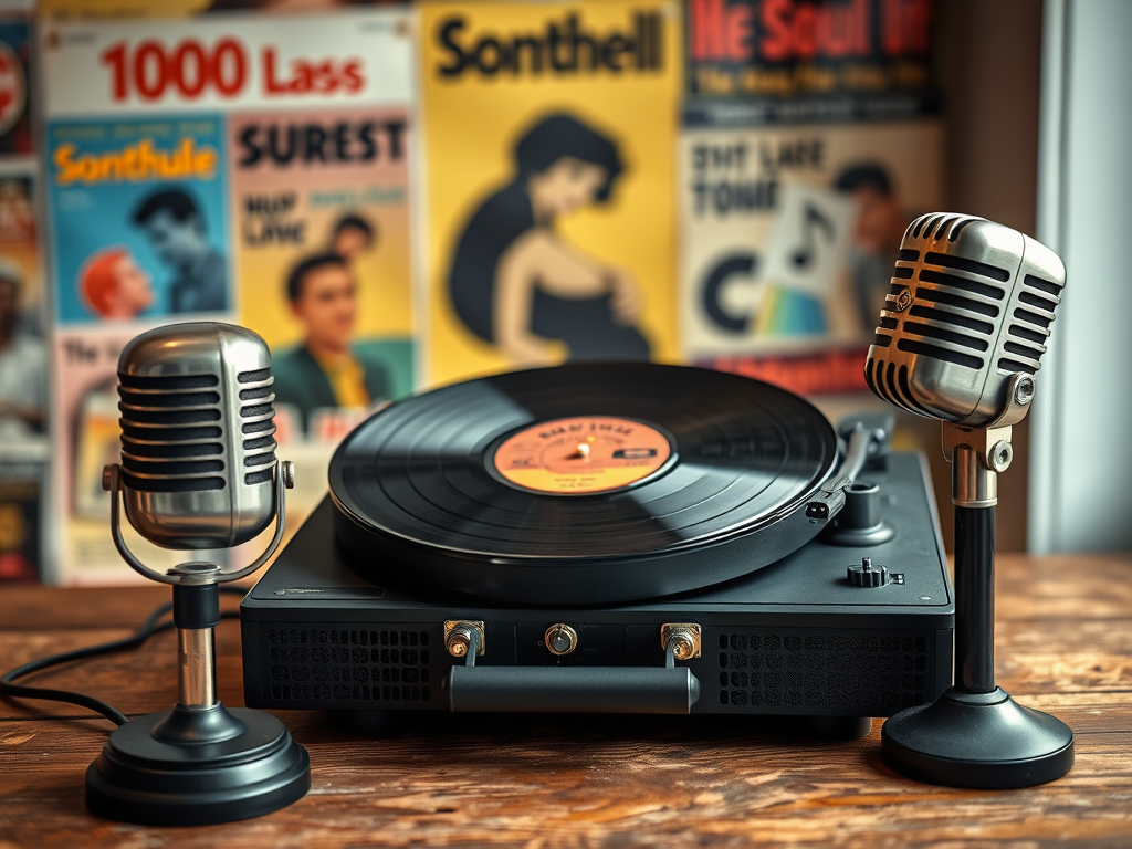Create a realistic image of a vintage 1960s vinyl record player with a Soul music record on it, positioned on a wooden table next to an old-style microphone, with soft warm lighting and a blurred background of music posters from the 1960s era, creating a nostalgic and reflective mood.