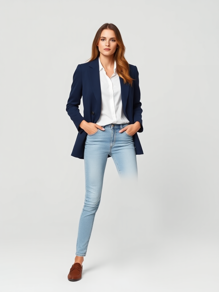 Woman in preppy blazer and jeans outfit