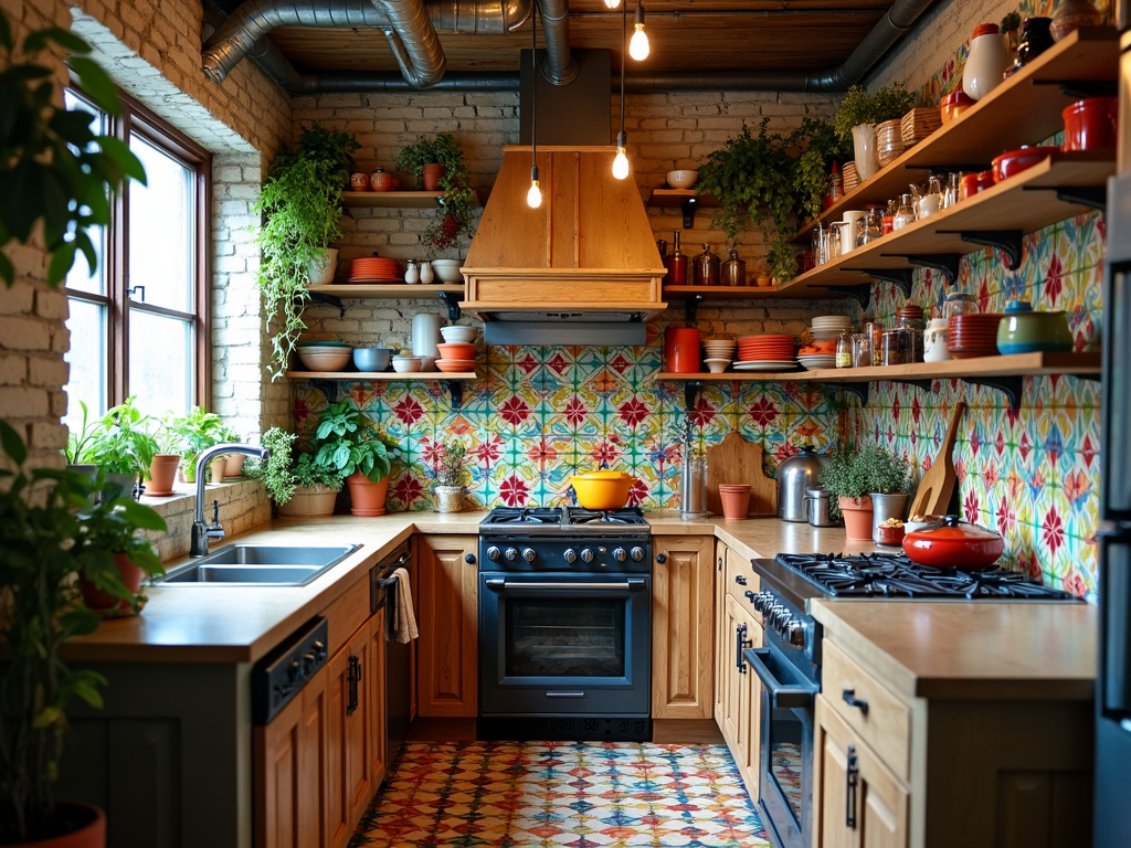 Vibrant Bohemian Kitchen with Colorful Tile Backsplash