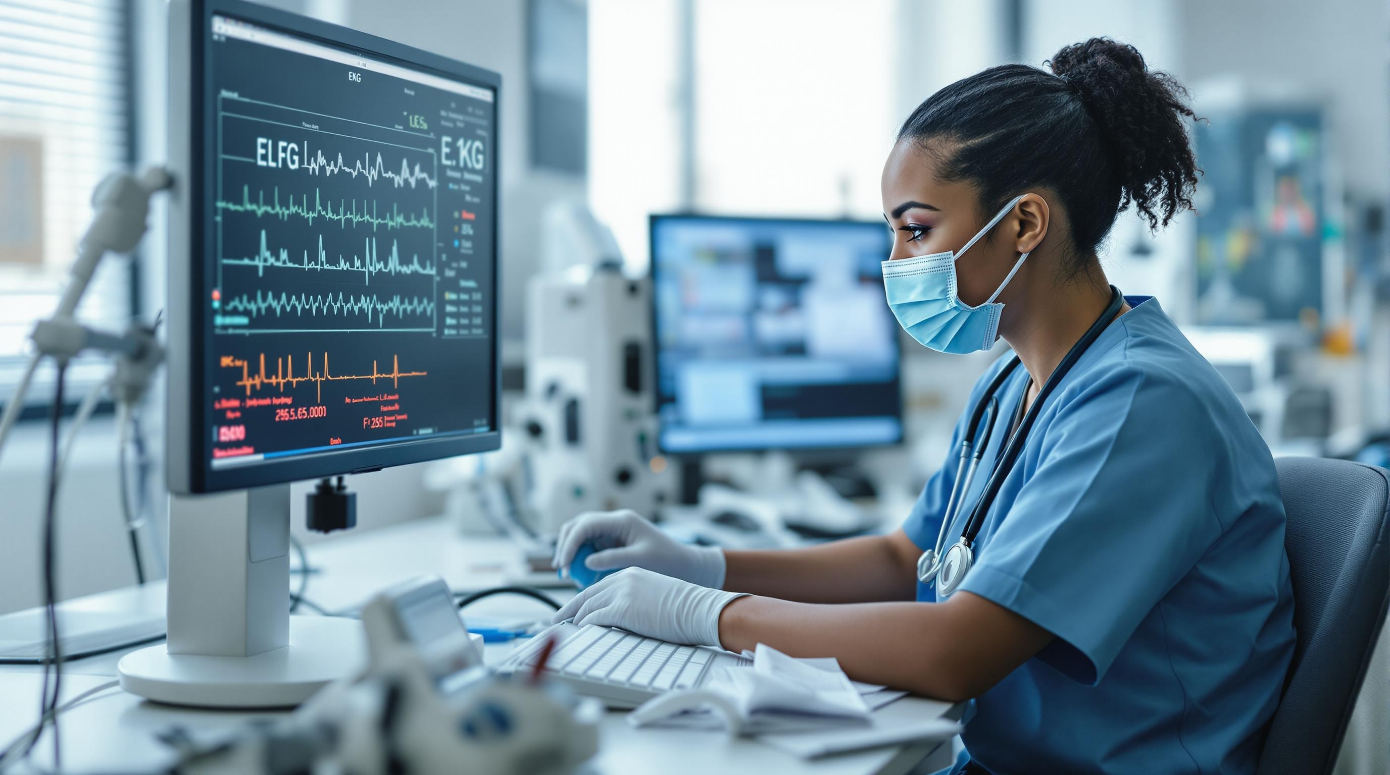 Create an ultra realistic photo of EKG Technician working. Use the <brand-guidelines> below and <negative-prompts>.
<brand-guidelines>
Photography Style:
Authentic and candid style showcasing diverse individuals in workplaces
Natural lighting and rule of thirds composition
Focus on creating relatable, genuine moments
Images must embody brand traits: Friendly, Empowering, Authentic, Knowledgeable, and Trustworthy
Subject Matter:
Candid shots of individuals in their work environments
Close-up and point-of-view shots encouraged
Show diverse range of careers
Create intimacy and personal connection with viewers
Technical Guidelines:
Use airy, natural lighting
Balanced compositions using rule of thirds
Leading lines to guide viewer attention
High-quality, professional images only
No stock photos or artificial poses
Diversity Requirements:
Represent various demographics
Include different genders, ethnicities, ages, and abilities
Showcase diverse career paths
Reinforce inclusive brand values
The guidelines emphasize authenticity and emotional connection while maintaining professional quality and brand alignment. Photos should help tell the story of career exploration and professional growth.
</brand-guidelines>
<negative-prompts>
No staged poses, no stock photo look, no artificial lighting, no over-processing, no unrealistic simulator screens
</negative-prompts>