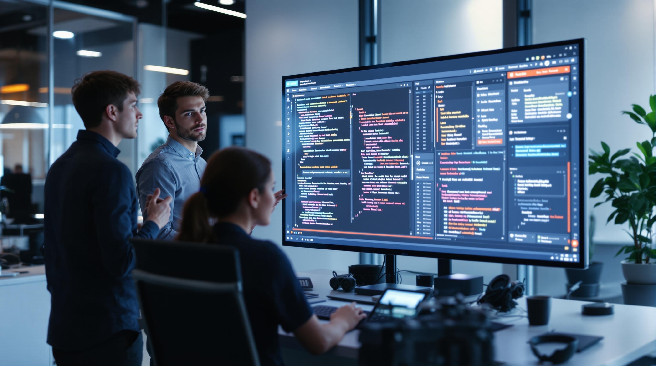 Futuristic visualization of AI analyzing and refactoring code, abstract representation of technical debt reduction, code documentation enhancement, and performance optimization, vibrant digital elements, modern and innovative style, 16:9 aspect ratio
