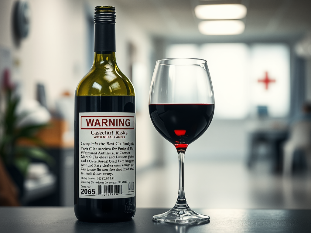 Create a realistic image of a glass of red wine on a table next to a bottle with a prominent warning label about cancer risks, with a blurred medical office or hospital setting in the background, soft lighting creating a somber mood.