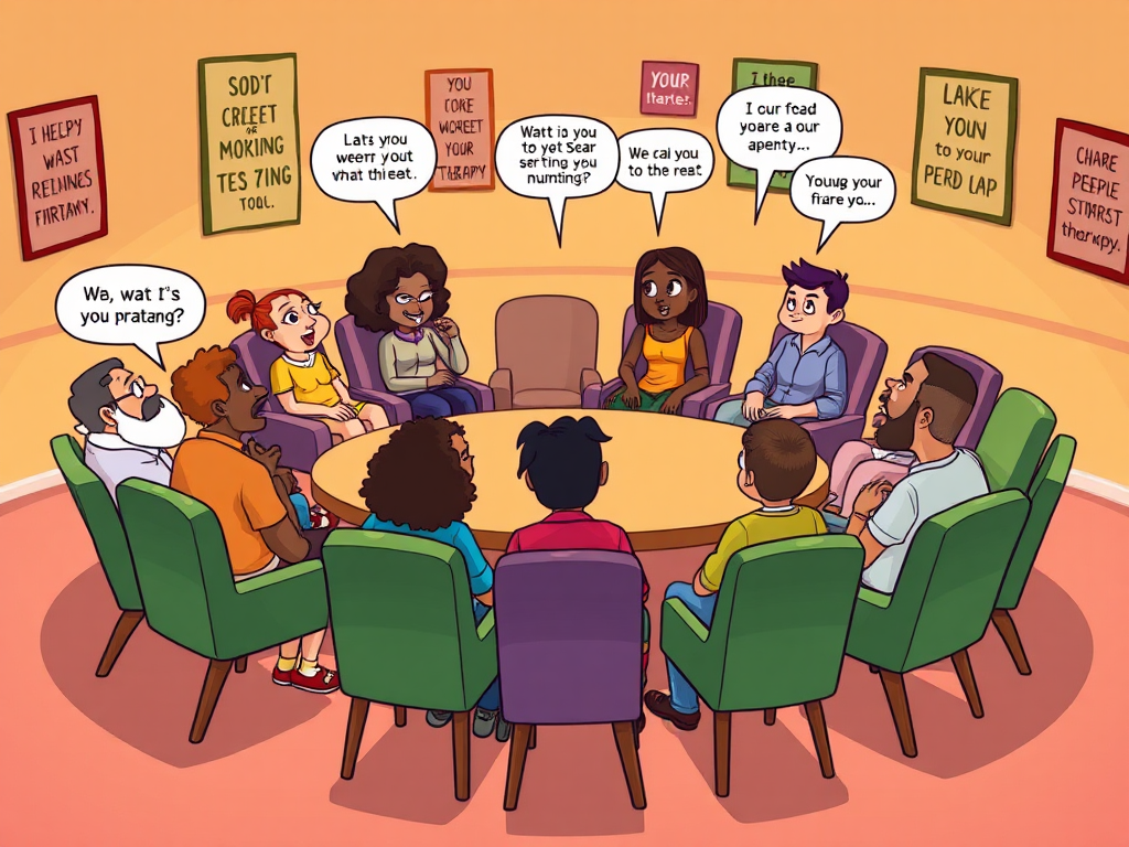 Group therapy sat on chairs around table cartoon