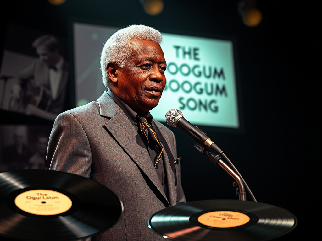 Create a realistic image of a black male singer in his 80s with greying hair, wearing a classic 1960s-style suit, standing at a vintage microphone on a dimly lit stage. A vinyl record of "The Oogum Boogum Song" is visible in the foreground, and old photographs from his performances are projected on a screen behind him, creating a nostalgic atmosphere.