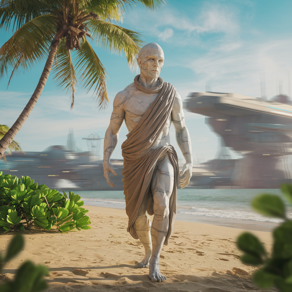 A marble-skinned figure with neoclassical features, matte skin, and wrinkles, majestically strides forward on a serene tropical beach with a palm tree and green foliage, amidst a blurred bustling galactic trade hub background.