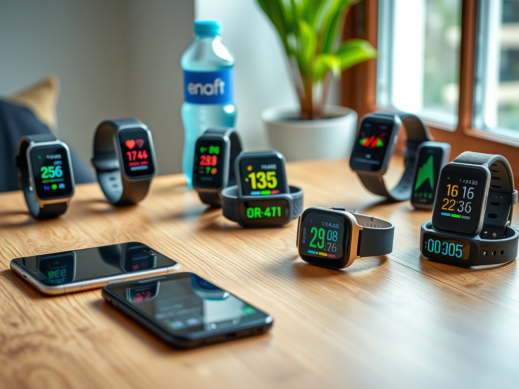 Create a realistic image of a collection of affordable fitness trackers displayed on a wooden table, featuring various models with colorful screens showing heart rate, step count, and calorie information. Include a smartphone nearby to suggest connectivity, and a water bottle in the background to hint at fitness activities. The scene should be well-lit with natural light, creating a clean and inviting atmosphere.