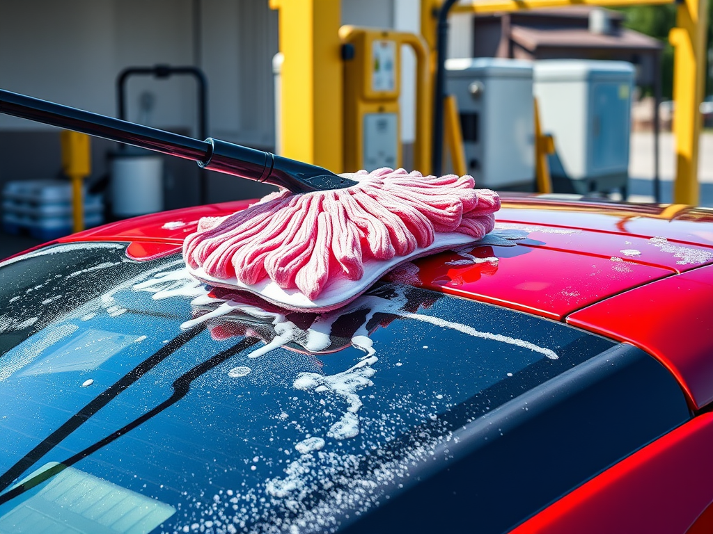 Create a realistic image of a car wash cleaning mitt attached to a long extendable handle, being used to clean the roof of a shiny red sedan, with soap suds and water droplets visible on the car's surface, set against the backdrop of a sunny outdoor car wash station with other cleaning equipment visible in the background.