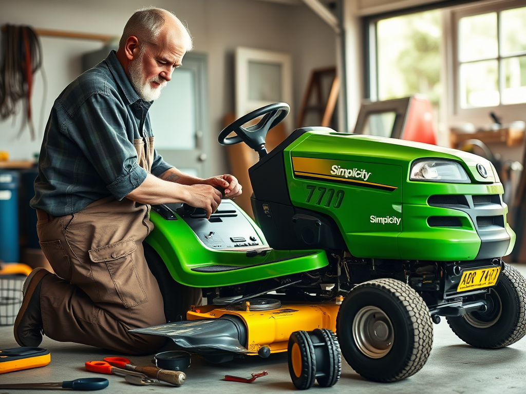 Create a realistic image of a white male in his 40s wearing work clothes, kneeling beside a bright green Simplicity riding lawn mower, performing maintenance on the engine with tools scattered around, garage or workshop setting in the background, soft natural lighting coming from an open door, focus on his hands working on the mower parts.