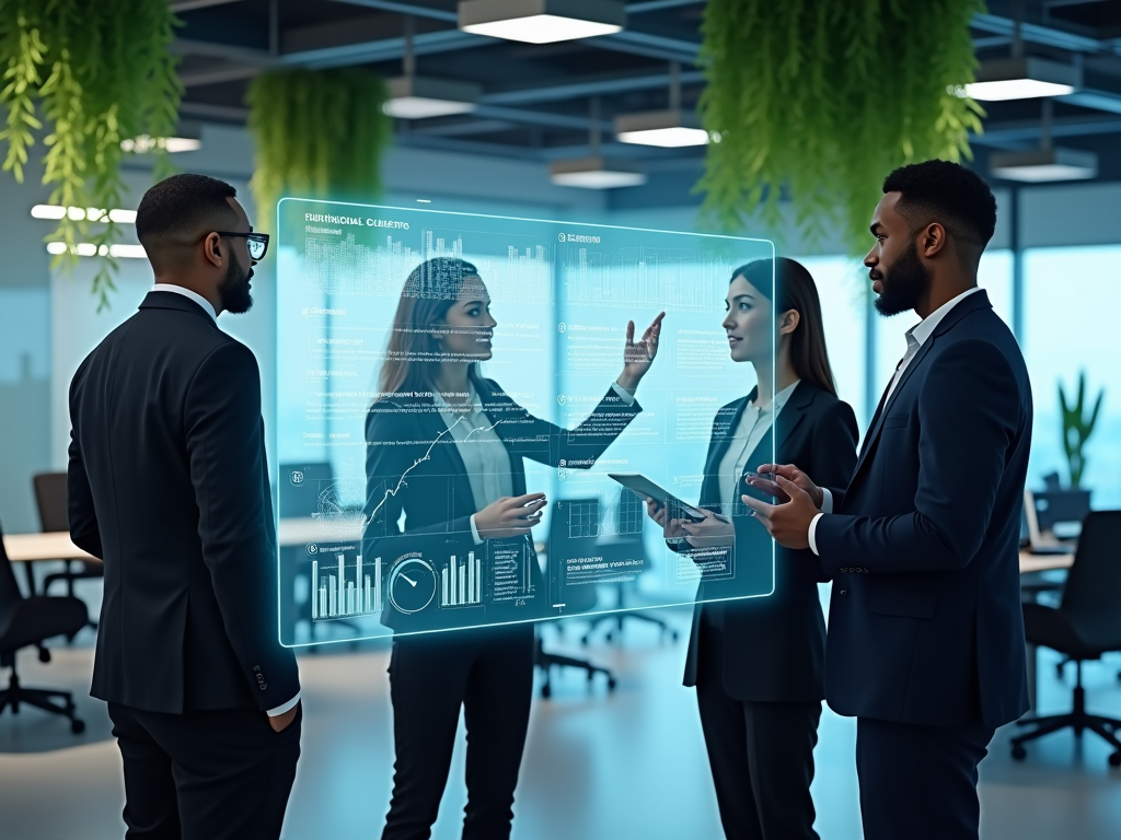 Imagine a futuristic office space where technology and humanity blend seamlessly. In the foreground, a diverse group of HR professionals are gathered around a large, holographic display showing dynamic graphs and data analytics. One of them, a woman of Asian descent, is interacting with the hologram, adjusting settings with a swipe of her hand. Another, a Black man, is taking notes on a digital tablet. The background features a sleek, open-plan office with transparent glass walls and green plant installations hanging from the ceiling, symbolizing a balance between technology and nature. The lighting is soft and ambient, emanating from the holographic display and subtle in-floor LEDs, creating a mood of innovation and calm. The color palette includes shades of blue and green, reflecting themes of trust, intelligence, and growth. The artistic style is a blend of photorealism and digital art, emphasizing sharp details and futuristic elements. This image captures the essence of AI integration in HR, highlighting efficiency, diversity, and ethical use.
