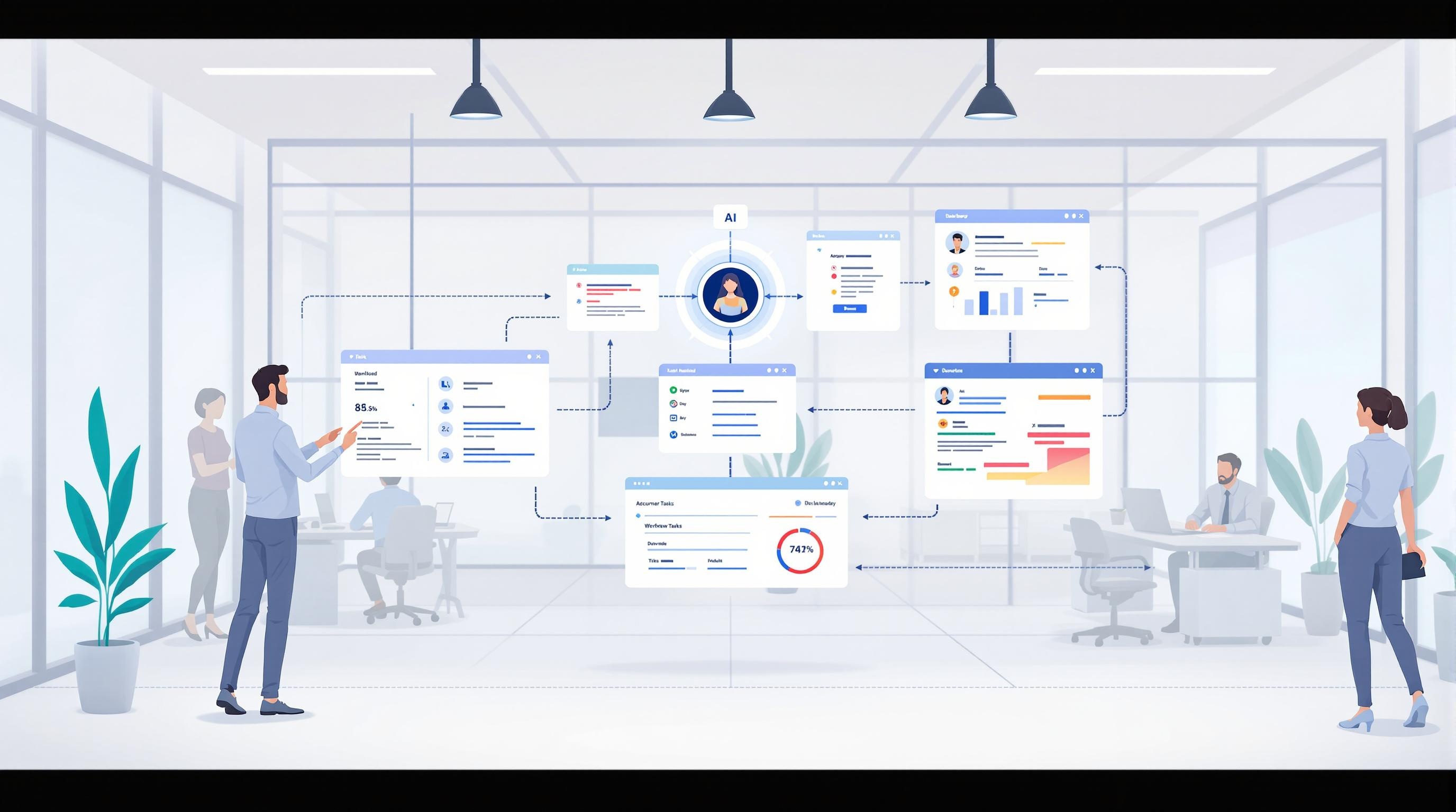 Futuristic concept art of advanced AI agents and predictive analytics optimizing digital workflows in a high-tech office, seamless system integration, glowing data streams, professional and minimalistic look, 16:9 aspect ratio