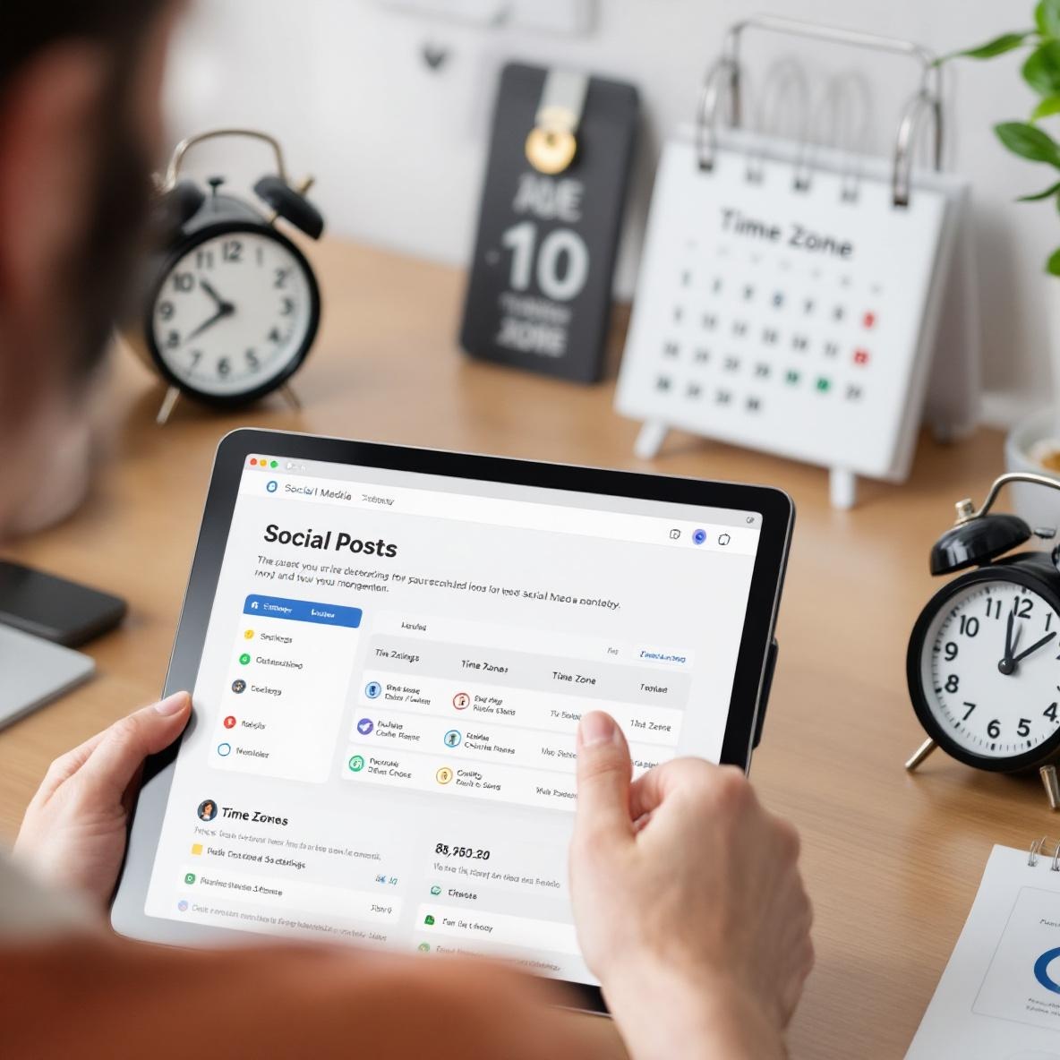 A tablet showing a social media dashboard with scheduled posts and a time zone setting. A freelancer is reviewing their strategy, with clocks indicating different time zones in the background, emphasizing the importance of time zone awareness in social media management.