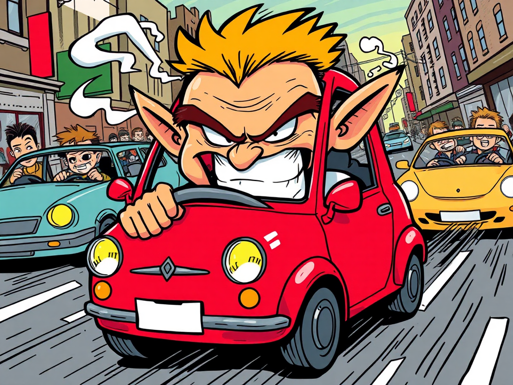 catroon character driving a small red car, has an angry facial expression depicting road rage
