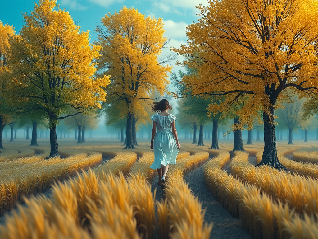 stunning shot of a girl walking through a field, in the style of ethereal trees, dark yellow and azure, majestic, sweeping seascapes, photorealistic representation, graceful balance, wimmelbilder, orange