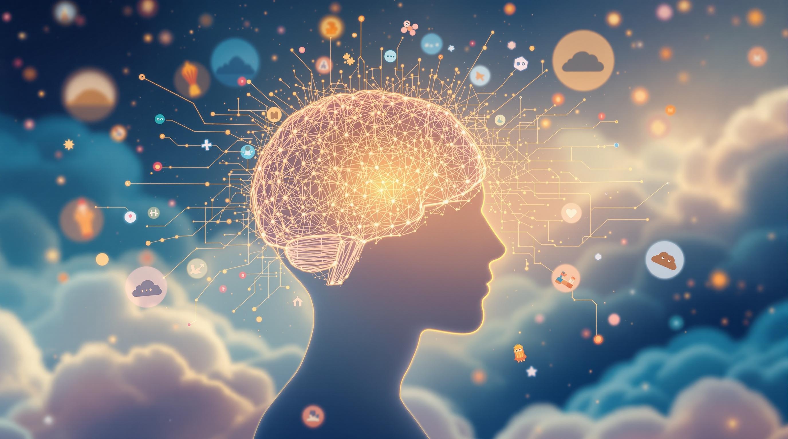 Conceptual illustration of artificial intelligence analyzing dream narratives, blending human brain imagery with neural network patterns, dream symbols floating in a soft abstract background, modern and clean style, professional look, 16:9 aspect ratio