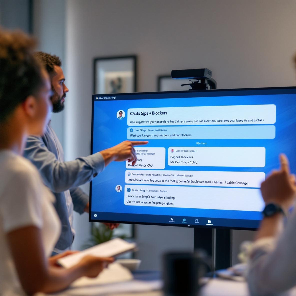 An interactive meeting with a digital screen showing chat snippets and blockers, with participants actively discussing around a modern conference table.